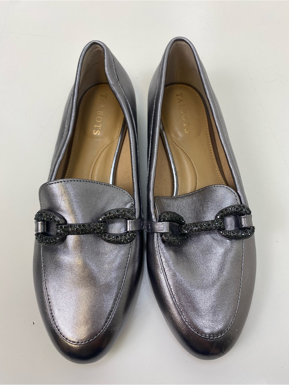 Talbots Metallic Pewter Leather Loafers with Jeweled Chain Accent